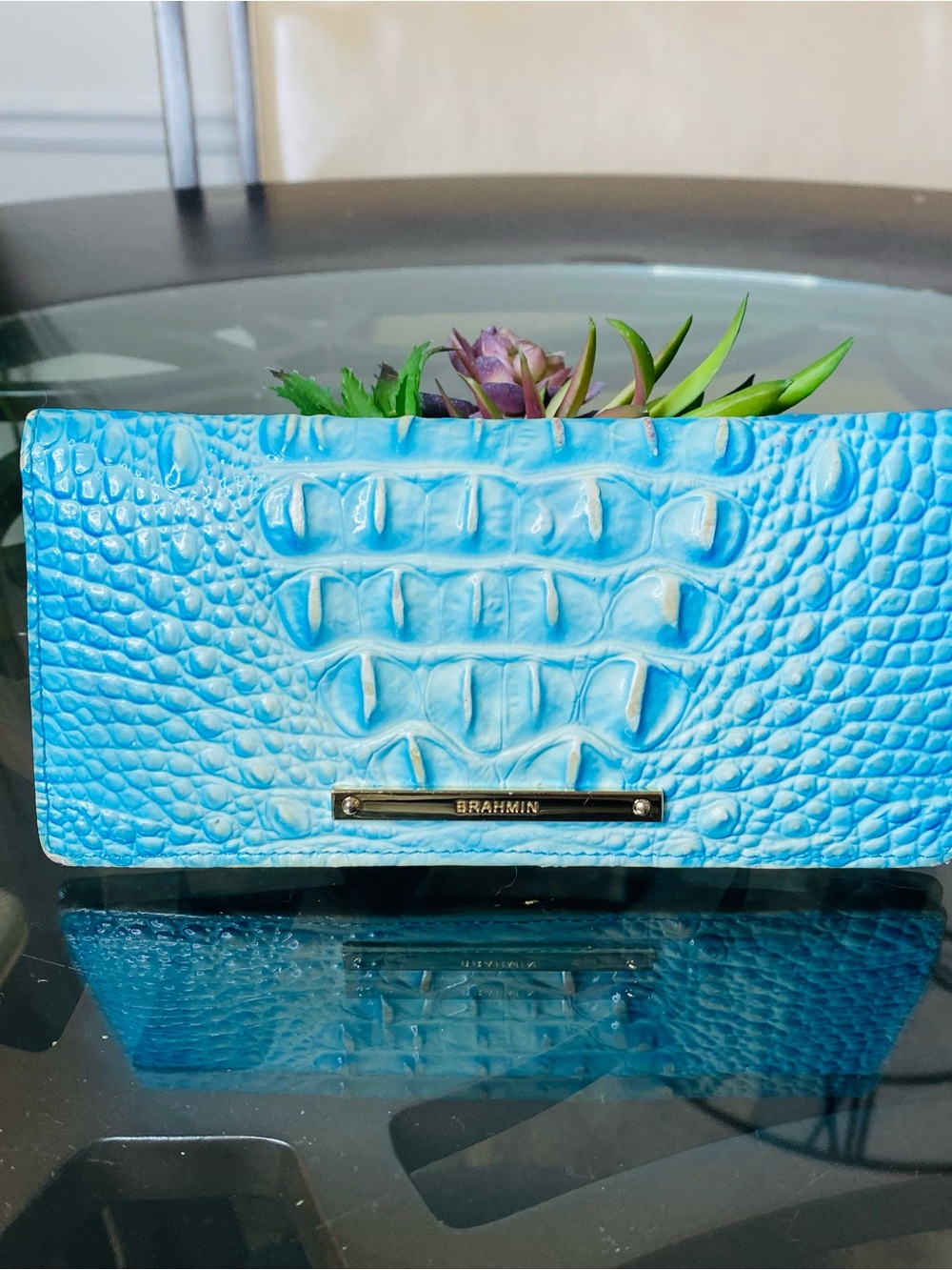 Brahmin Melbourne Ady Slim Bifold Leather Wallet in Dusty Blue / Sky